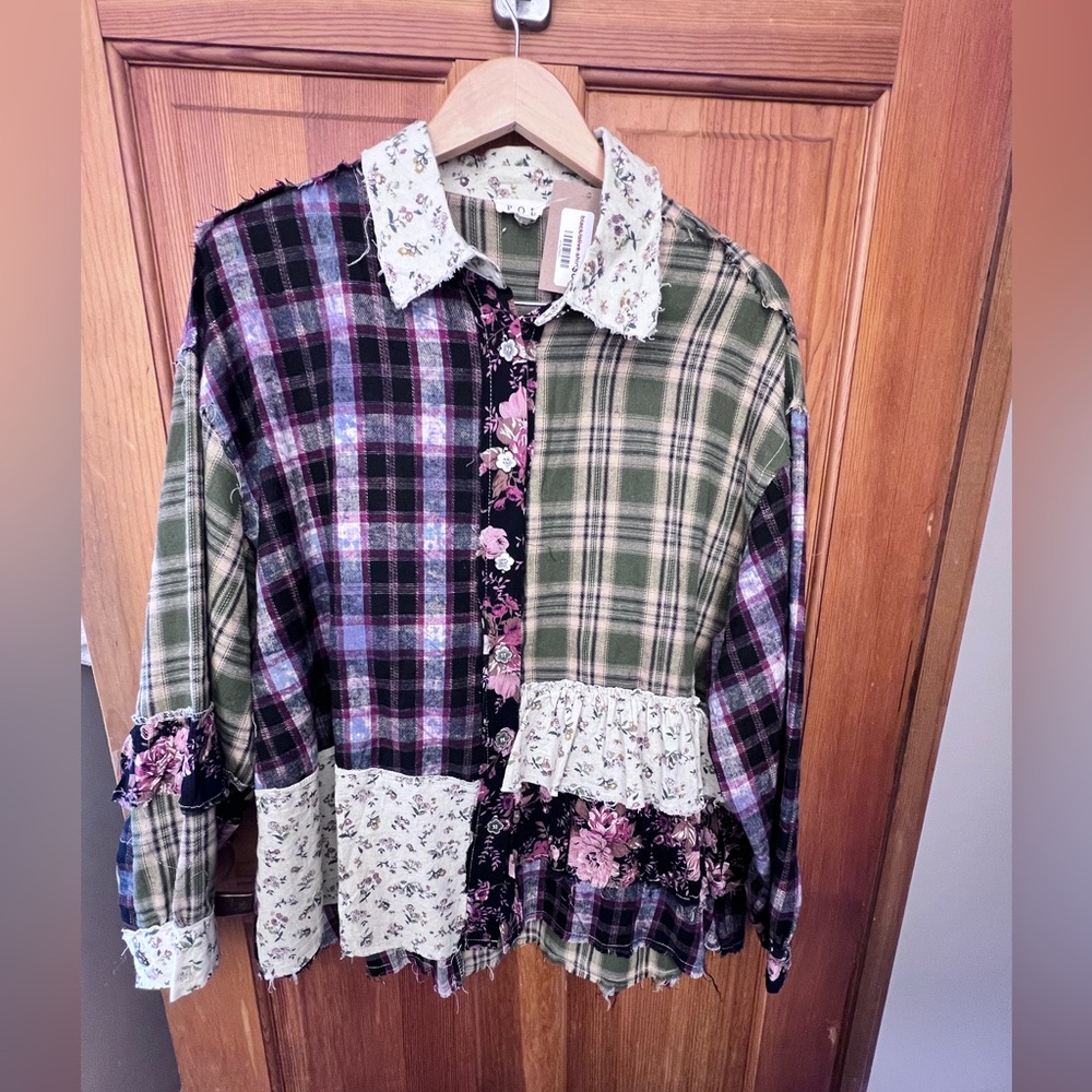POL Multicolor Plaid Patchwork Button Down Ruffle… - image 6
